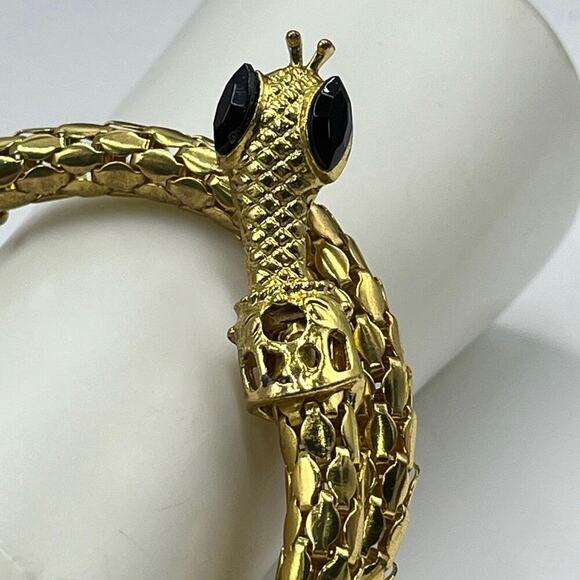 Vintage Golden Mesh Stretch Black Eye Rhinestone Egyptian Snake Coil Bracelet - Picture 2 of 14